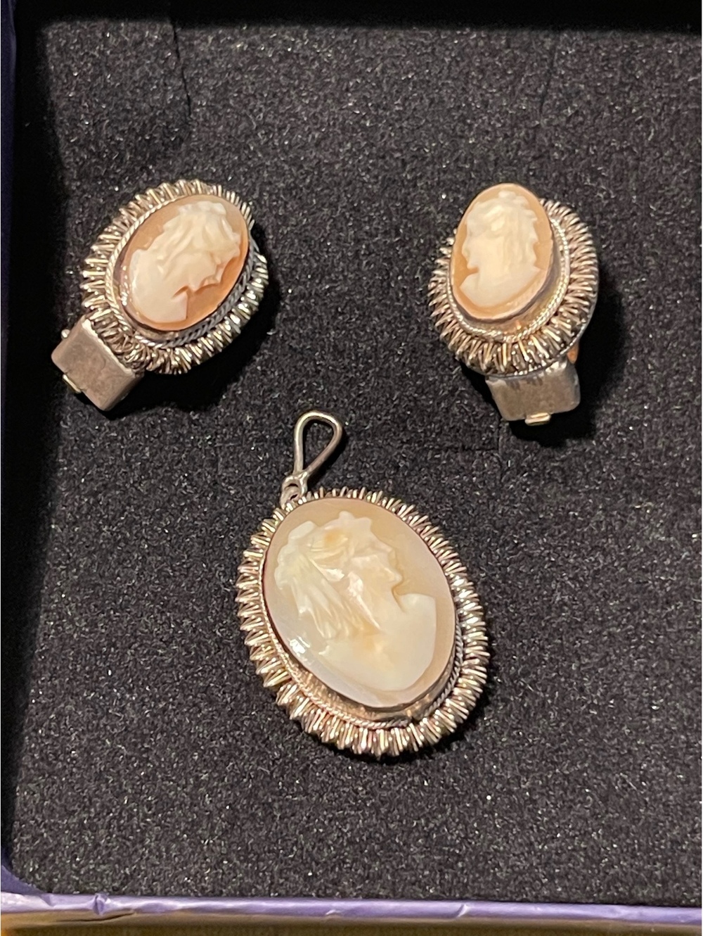 Vintage Italian BS 800 Silver Carved Shell Cameo 3-Pc Set